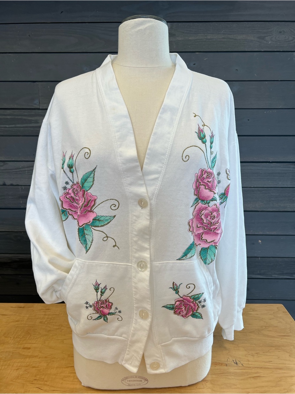 Vintage White Floral Rose Embellished  Sweatshirt Cardigan
